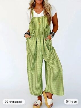 Green Gingham Wide-Leg Jumpsuit Overalls